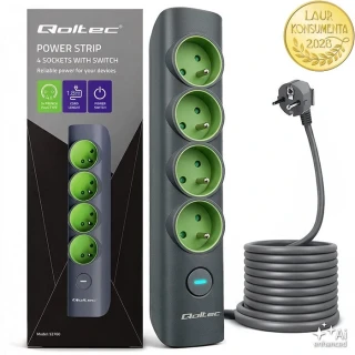 Qoltec 52760 prodlužovací přívod s vypínačem – 4 zásuvky s uzemněním, 1,8 m, 16 A / 3680 W